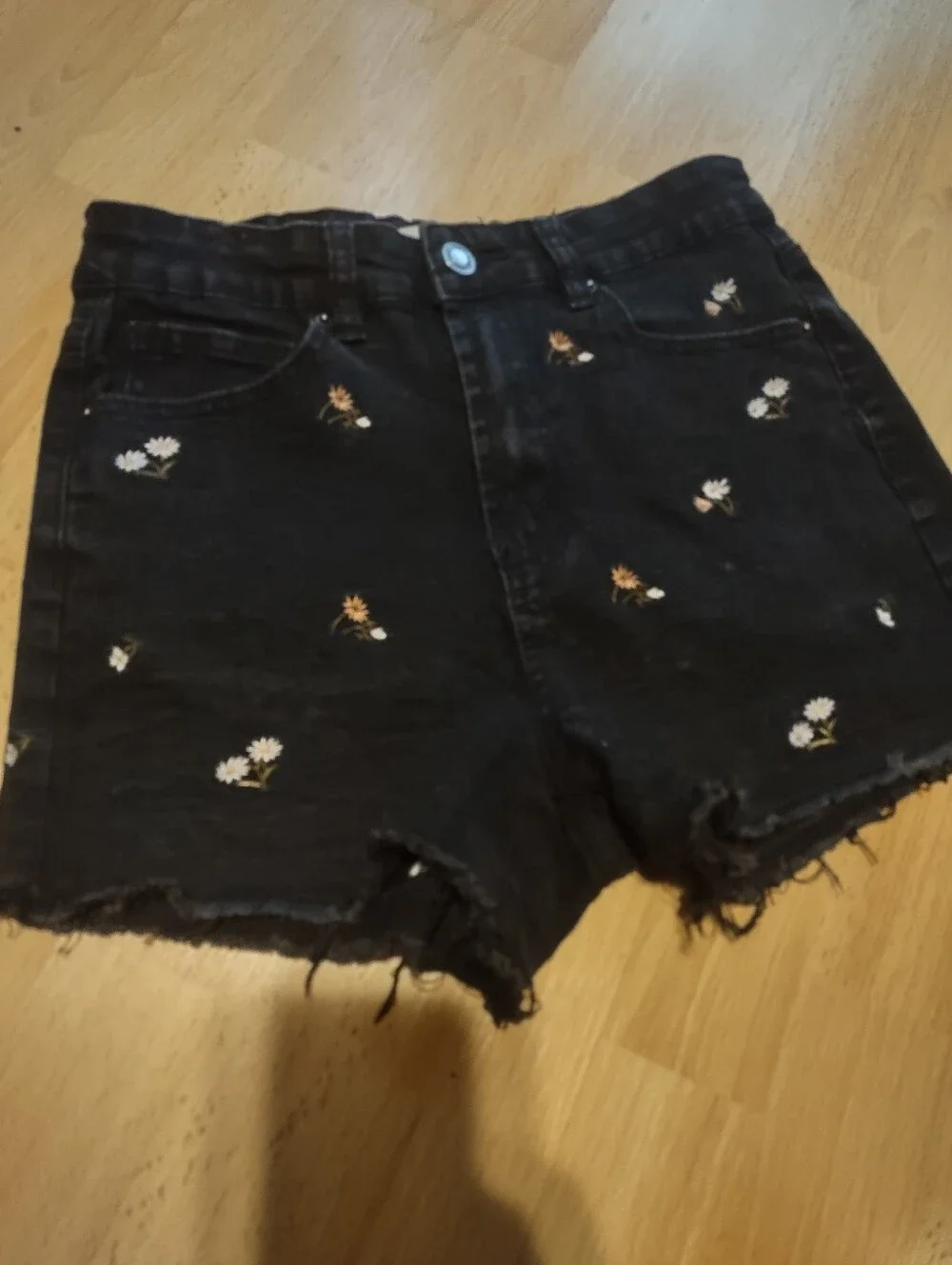 Angel Kiss Black Denim Shorts with White & Yellow Floral Embroidery